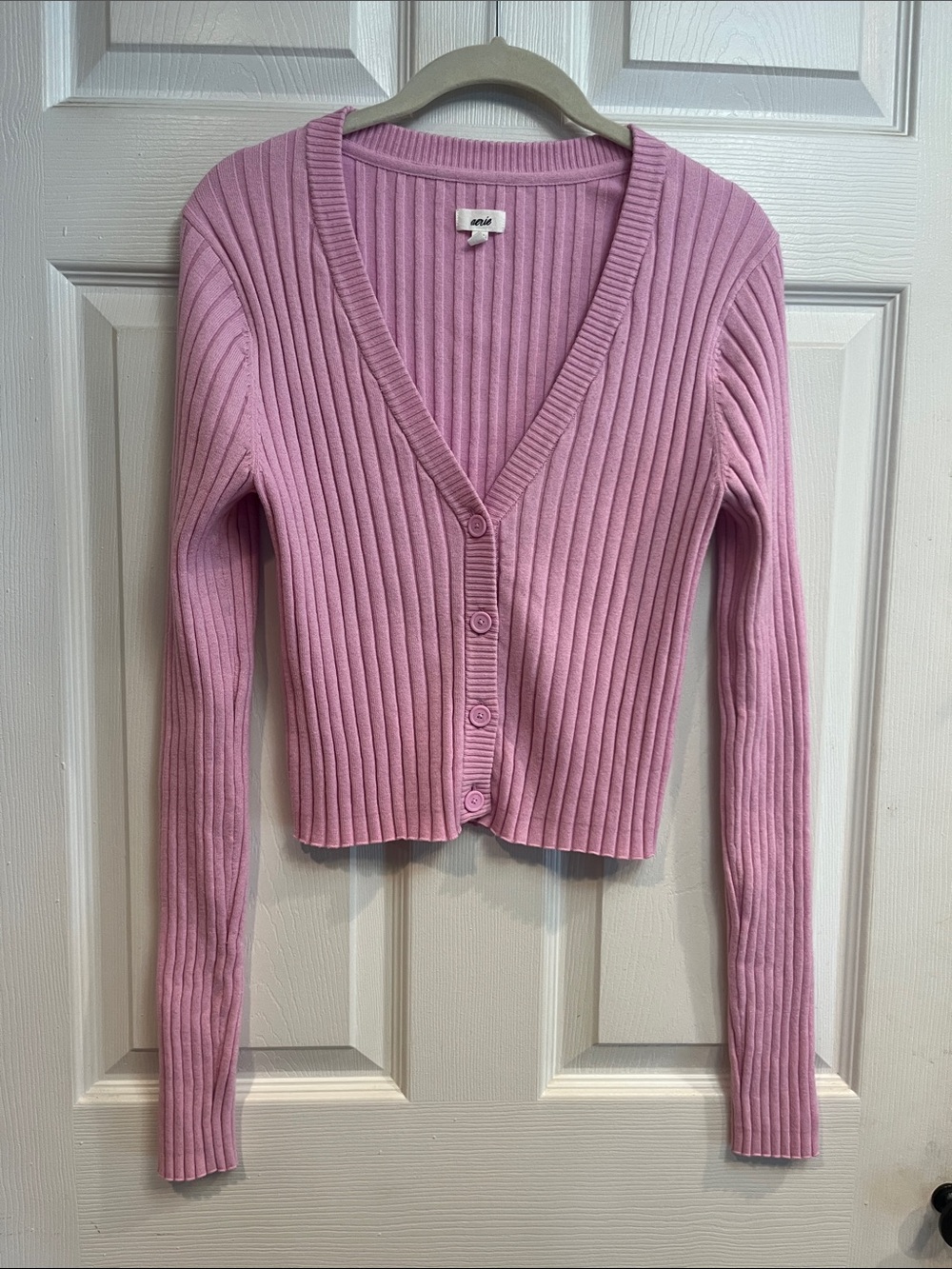 aerie Pink Ribbed V-Neck Cropped Cardigan